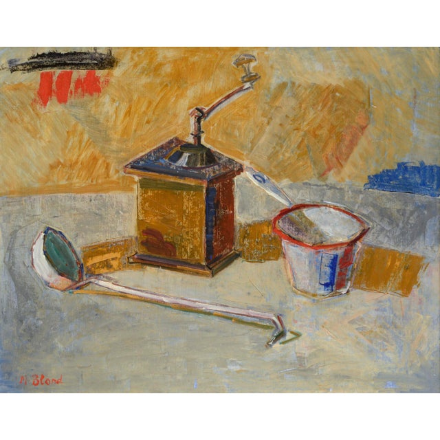 Mid century kitchen still-life with an antique coffee grinder, ladle, and measuring cup on a table by Maurice Blond...