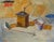 Mid century kitchen still-life with an antique coffee grinder, ladle, and measuring cup on a table by Maurice Blond...