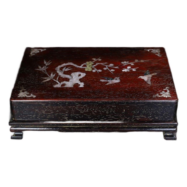 Antique Zitan Wood Box With Mother-of-Pearl Bird and Flower Inlay For Sale