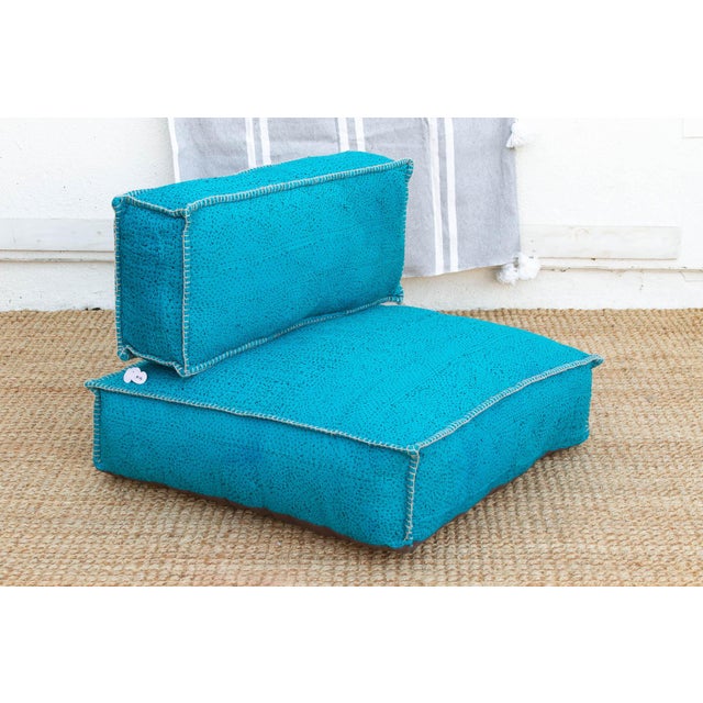 Boho Chic Vintage Hand-Stitched Vibrant Turquoise Floor Seating Set For Sale - Image 3 of 9
