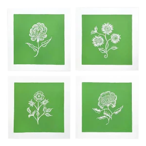 Bengal Botanicals in White on Green Set of 4