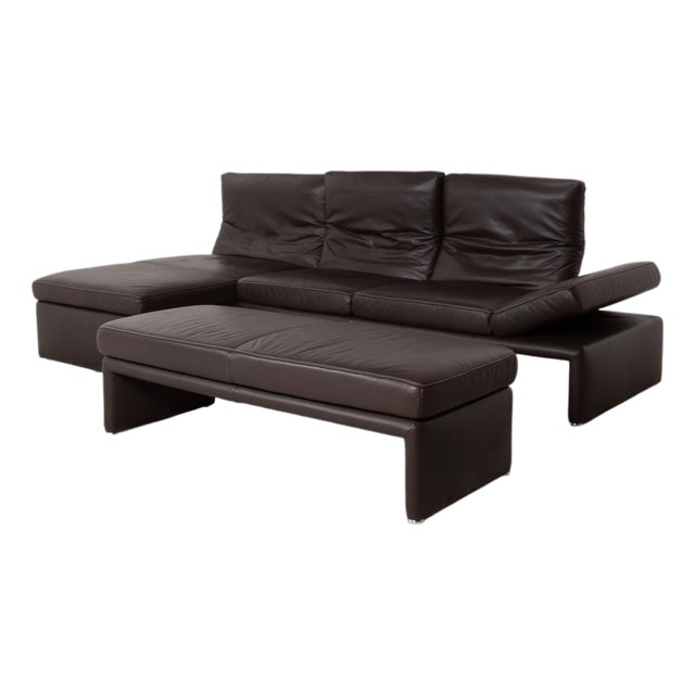 Raoul Leather Corner Sofa and Ottoman in Brown with Manual Function by Koinor, Set of 2 For Sale