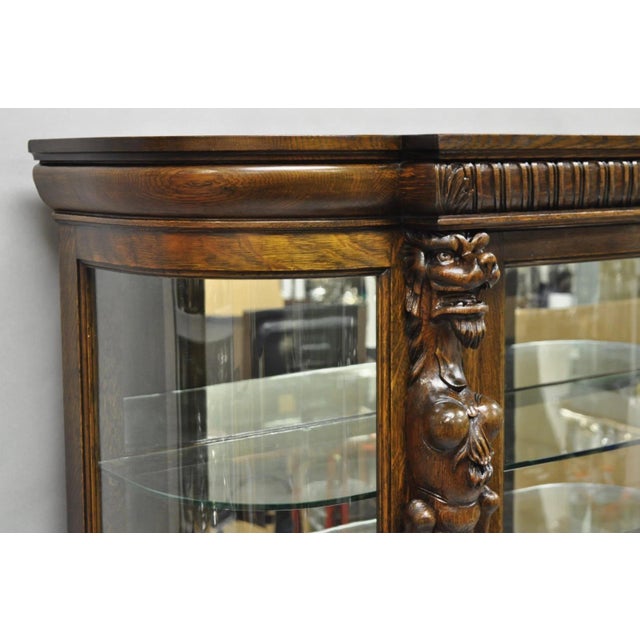 Brown Antique American Empire Tiger Oak Curved Glass China Cabinet W/ Carved Griffins For Sale - Image 8 of 18
