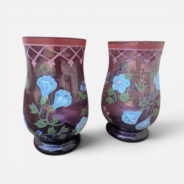 Victorian Vintage Hand Painted Purple Glass Hurricanes- A Pair For Sale - Image 3 of 17