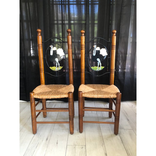 1960s Vintage Folk Art Ostrich Design Chairs With Rush Seats - a Pair For Sale - Image 5 of 9