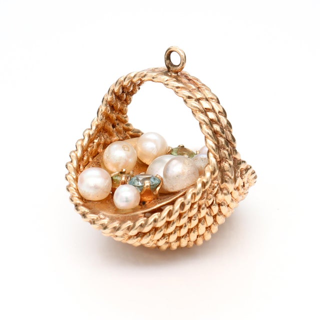 Vintage 14k Yellow Gold, Pearl, and Tourmaline Figural Easter Basket Charm For Sale - Image 4 of 17