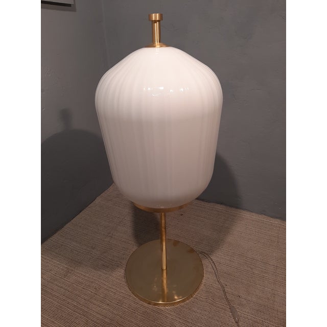 Mid-Century Modern Satin Brass & Large Ribbed Milky Glass Floor Lamp For Sale - Image 3 of 17