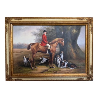 English Fox Hunting Scene Oil Painting on Canvas, Horses & Hounds, Signed Framed For Sale