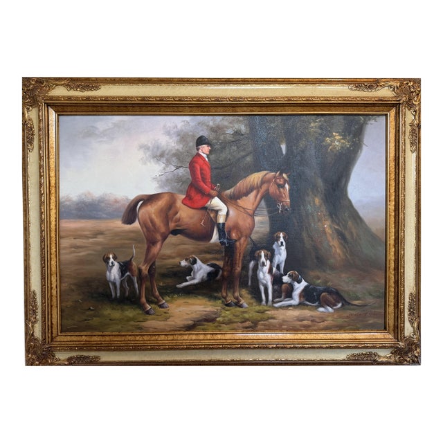 English Fox Hunting Scene Oil Painting on Canvas, Horses & Hounds, Signed Framed For Sale