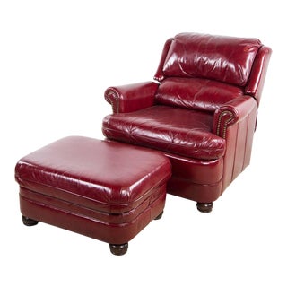 1980s Traditional Bradington-Young Oxblood Red Leather Recliner Arm Chair With Ottoman - a Pair For Sale