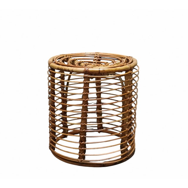 Wood Vintage Cylindrical Rattan and Bamboo Stool by Tito Agnoli, 1960s For Sale - Image 7 of 7