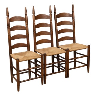 Vintage American Tall Ladder-Back Rush Seat Dining Chairs — Set of 3 For Sale