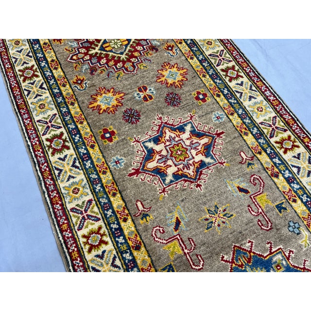 Extra-Long Olive Gold Kazak Wool Runner Rug With Geometric Medallions ...