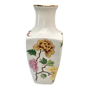 Vintage Botanical Porcelain Vase With Yellow and Pink Flowers and Vines