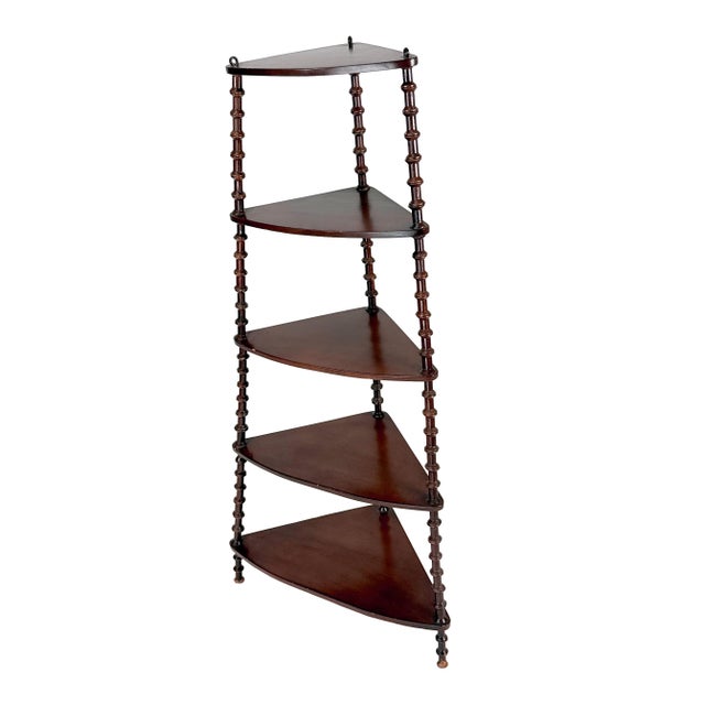 Antique 1900s Victorian 5-Tier Wooden Spool Corner Shelf W/ Eye-Screw Hooks for Hanging - 46" H Folk Art Handmade Curio Shelving Display For Sale - Image 4 of 10