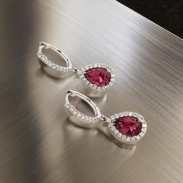 Diamond Rubellite Tourmaline Drop Earrings 18k W Gold 2.93 TCW Certified For Sale - Image 4 of 12