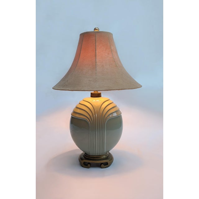 Art Deco Late 20th Century Art Deco Mint Ceramic Chinoiserie Style Table Lamp With Scroll Base For Sale - Image 3 of 6