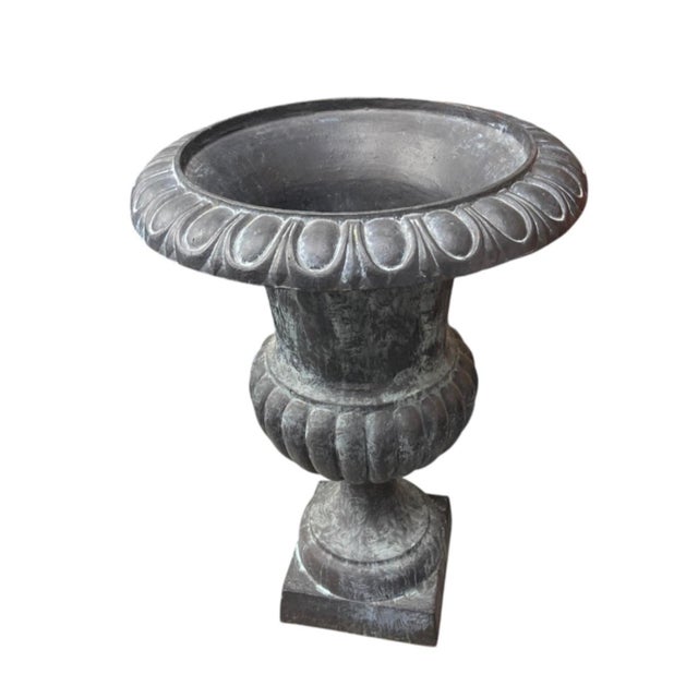 Classic Neoclassical Cast Iron Garden Urn With Distressed Bronze Finish For Sale - Image 4 of 12