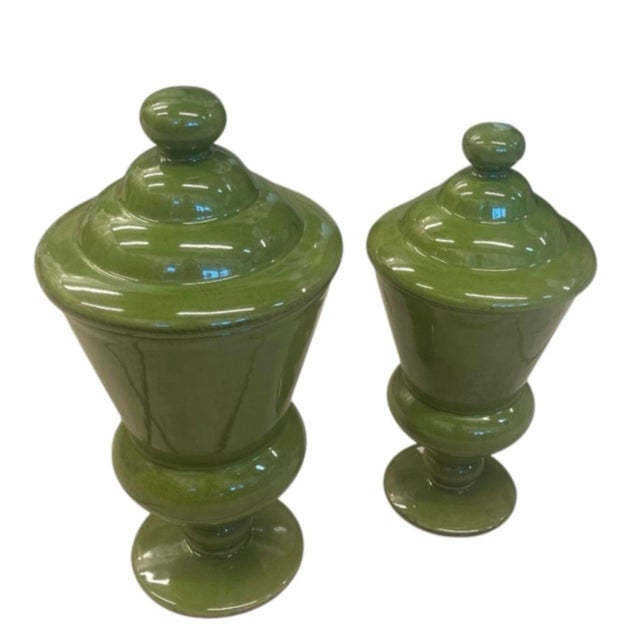 Pair of Vintage Olive Green Glazed Ceramic Covered Urns - Graduated Sizes For Sale - Image 4 of 12