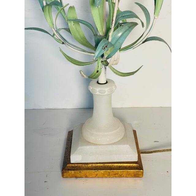 Hollywood Regency Vintage Tole Flower Alabaster Table Lamp For Sale - Image 3 of 6