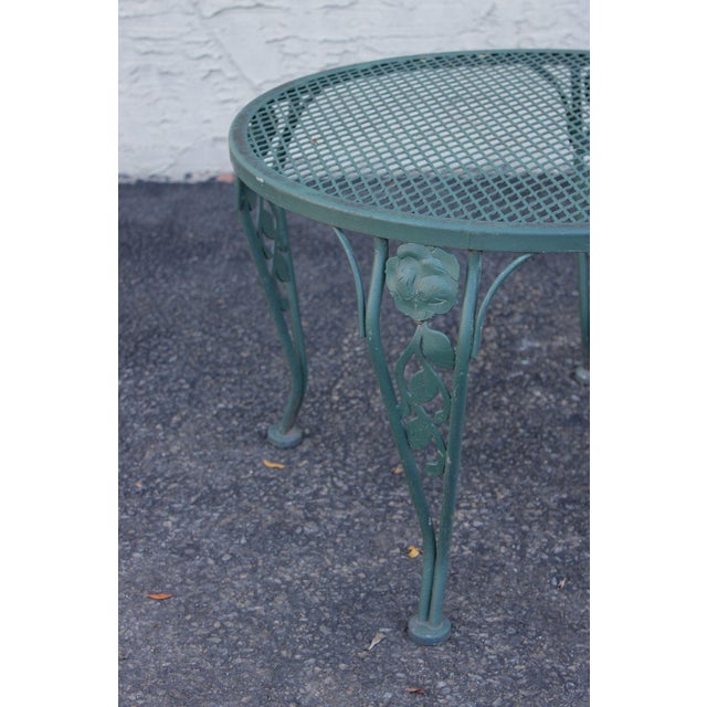 Wrought Iron Outdoor Round Mesh Top Patio Table With Floral Motif For Sale In Philadelphia - Image 6 of 17
