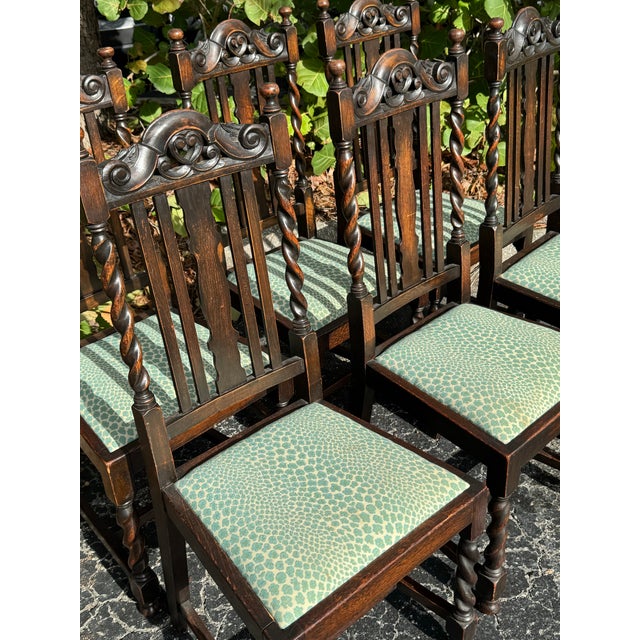 Textile Antique Set of Six Barley Twist Dining Chairs With Teal Leopard Upholstery For Sale - Image 7 of 11