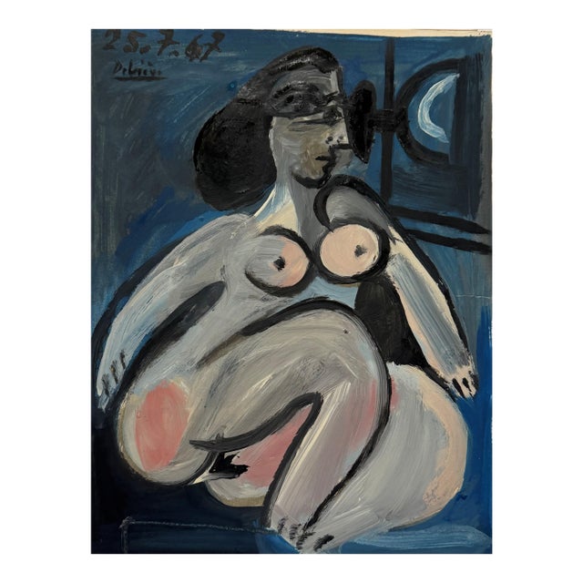 1960s Nue en Bleu Et Rose, French Modernist Figurative Oil Painting by Raymond Debiève For Sale