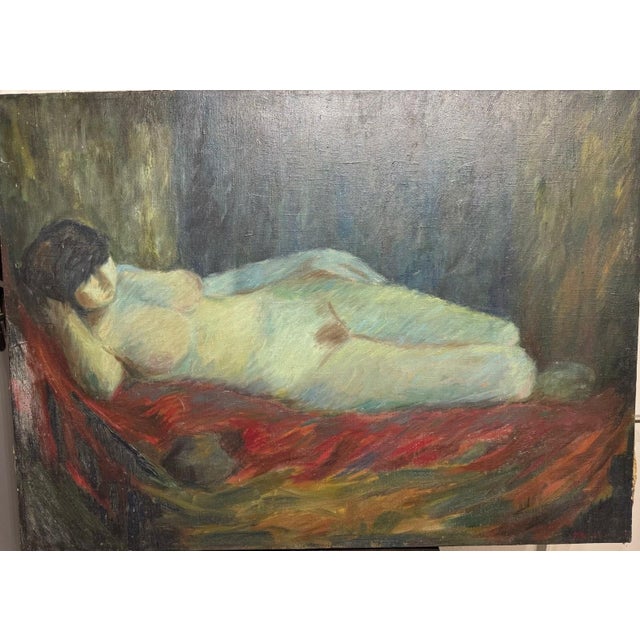 Unknown, illegible. Reclining nude woman, a fine, charming painting, in original, unrestored condition. Oil on canvas,...