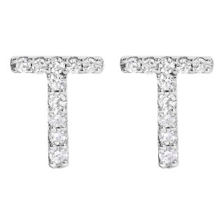 10K White Gold 1/10 Cttw Diamond 'T' Initial Stud Earring For Sale