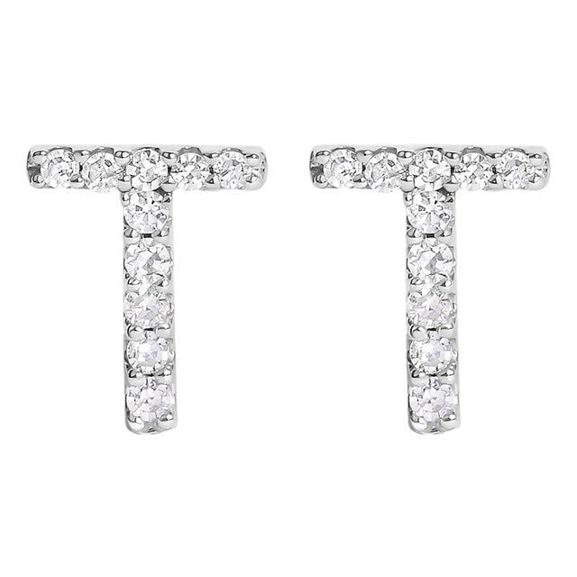 10K White Gold 1/10 Cttw Diamond 'T' Initial Stud Earring For Sale