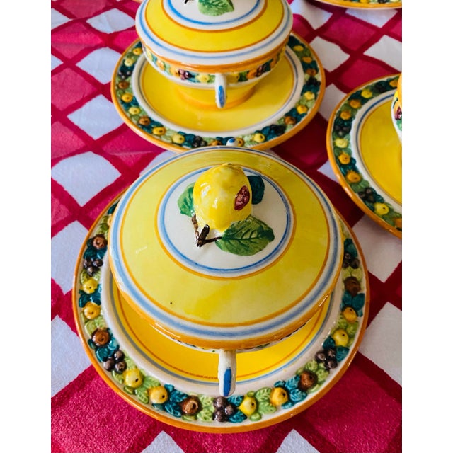 Farmhouse Vintage Italian Farmhouse Majolica Della Robbia Lidded Bowls and Service Plates, Set/7 For Sale - Image 3 of 12