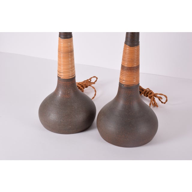 Mid-Century Modern Danish Tall Brown Ceramic Table Lamps with Cane from Kähler for Le Klint, 1960s, Set of 2 For Sale - Image 10 of 16