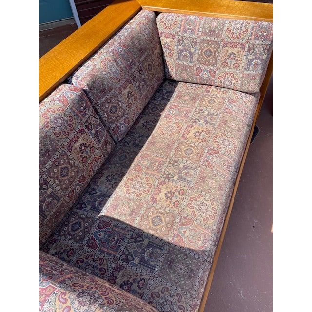 Pair of Stickley Furniture Wine/Blue Geometric Mission Prairie Oak Loveseats / Sofa's For Sale - Image 9 of 18