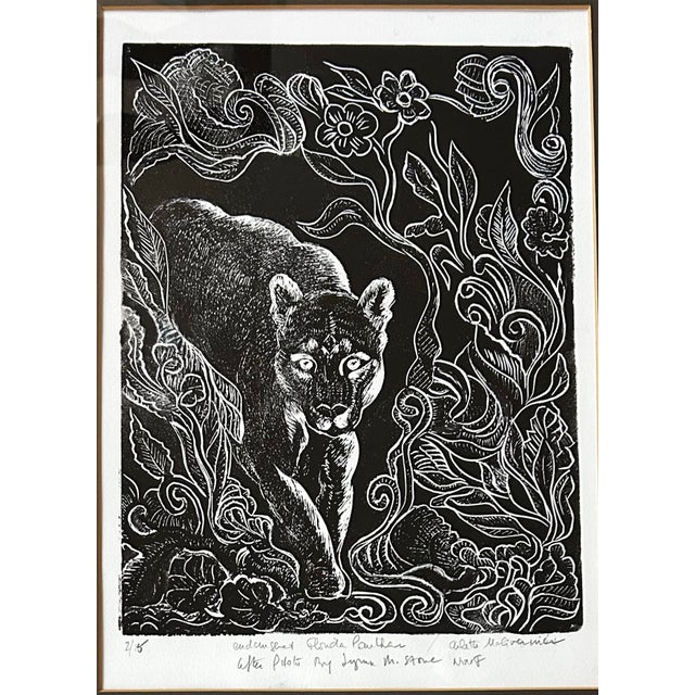Vintage Impressionist Woodcut Print of Florida Panther in Wood Frame For Sale - Image 4 of 8