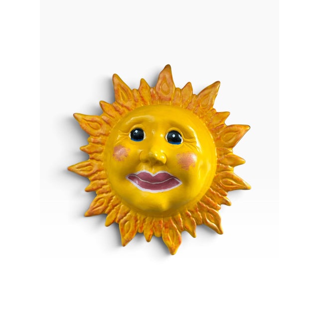 Ceramic Late 20th Century Whimsical Yellow Ceramic Sun Face Wall Plaque For Sale - Image 7 of 7
