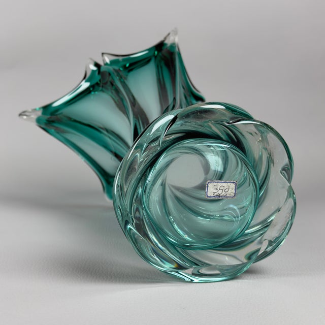 Glass Vintage Green Torchon Ribbed Murano Glass Vase by Seguso, 1970s For Sale - Image 7 of 14