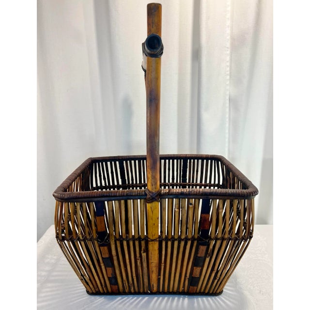 Vintage Boho Chic Burnt Bamboo and Split Reed Basket For Sale - Image 4 of 8