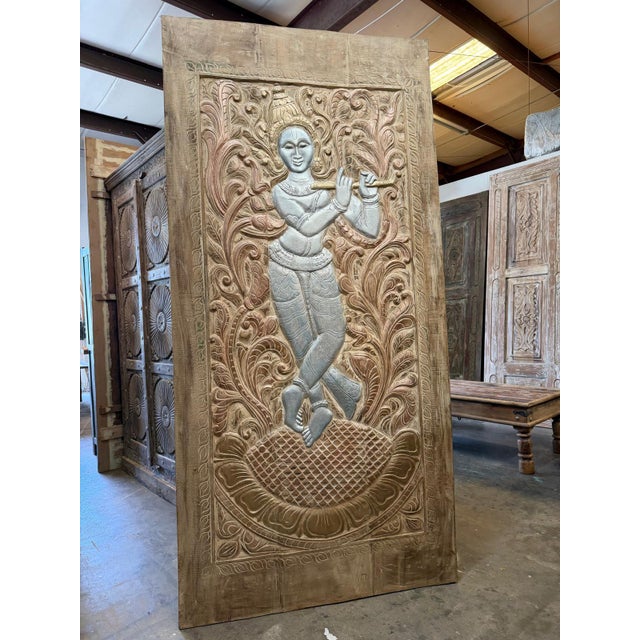 Mid-Century Modern Antique Hand-Carved Wooden Krishna Relief Panel With Floral Motifs For Sale - Image 3 of 9