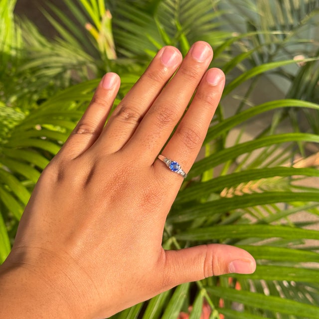 Art Deco-Inspired Round Blue Sapphire & Baguette Diamond Ring Size 5 in 14k White Gold For Sale - Image 11 of 17