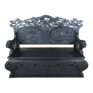Mid 19th Century Monumental Antique Imperial Meiji Japanese Ebonized High Relief Carved Dragon Trunk Bench