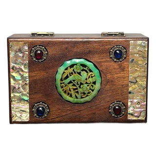 Vintage Rosewood Jewelry Box With Abalone Shell & Jade Inlay | Chinoiserie Trinket Box For Sale
