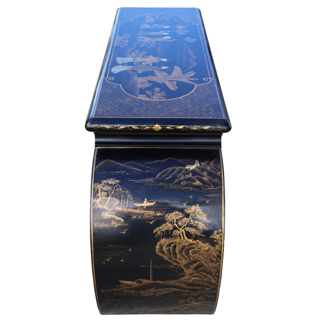 Late 20th Century Black Lacquer Chinoiserie Console Table With Gold Figural Decoration & Scroll Supports For Sale - Image 9 of 18