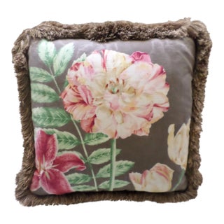 Brown Feather Pillow With Flowers & Chinese Vase Design For Sale