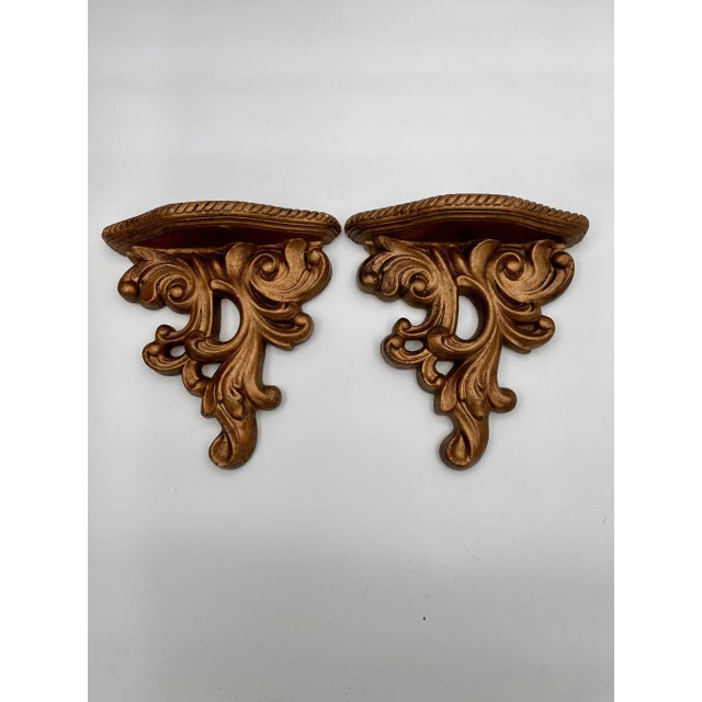 Gold 1980s Italian Baroque French Rococo Gold Gilt Plaster Wall Brackets - a Pair For Sale - Image 8 of 11
