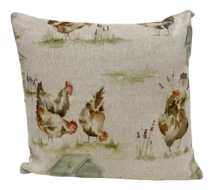 16" Square Pillow Decorated With Chickens Feeding and Strutting Around Their Chicken Coop - Made in Uk.