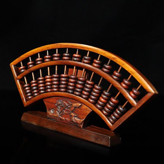 1970s Handcrafted Rosewood Fan-Shaped Abacus - Chinese Wooden Calculator With Stand For Sale - Image 9 of 9
