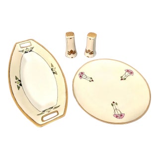 Circa 1920s Thomas Sevres of Bavaria Hand Painted Art-Deco Platter, Salt Pepper Shaker, Side Plate Set- 4 Pieces For Sale
