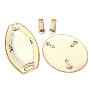 Circa 1920s Thomas Sevres of Bavaria Hand Painted Art-Deco Platter, Salt Pepper Shaker, Side Plate Set- 4 Pieces