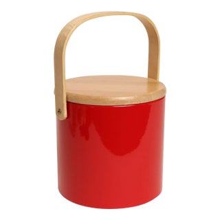 Mid Century Modern Red Vinyl and Birch Insulated Ice Bucket by Georges Briard For Sale
