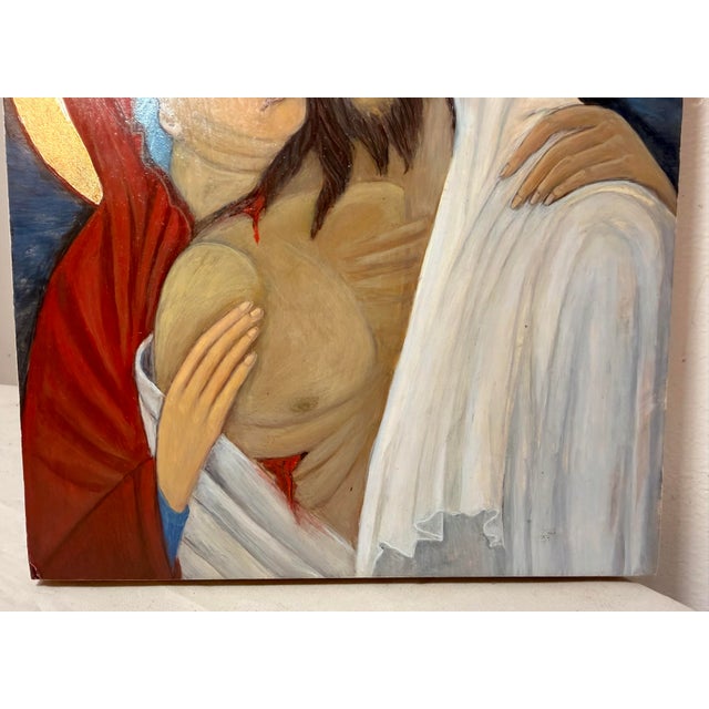 Vintage Original Gold Leaf Russian Icon Mary Jesus Pieta Oil Painting on Wood For Sale - Image 10 of 12